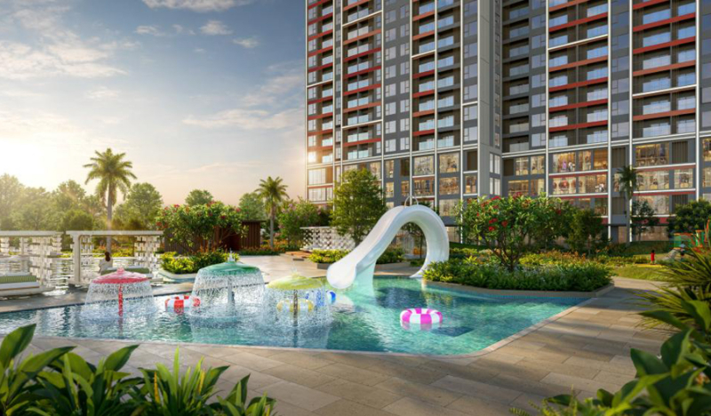 Khu vui chơi nước trẻ em với cầu trượt, đài phun nước