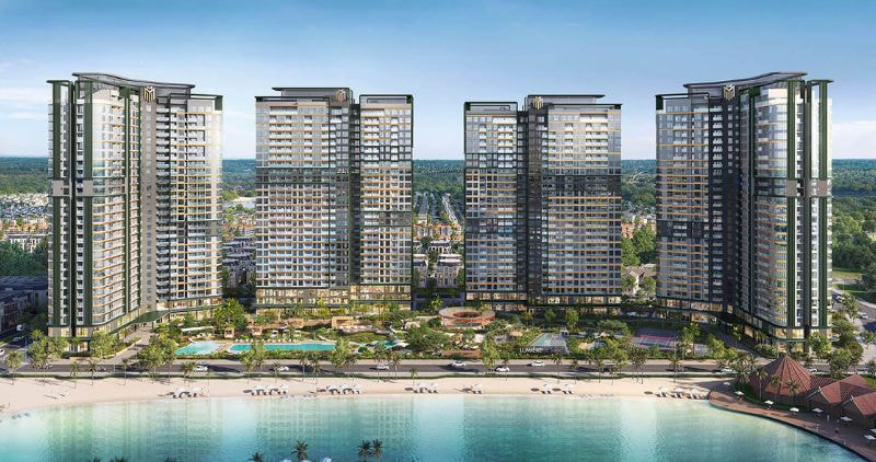 Phối cảnh khu căn hộ cao tầng hiện đại bên hồ tại Vinhomes Ocean Park.